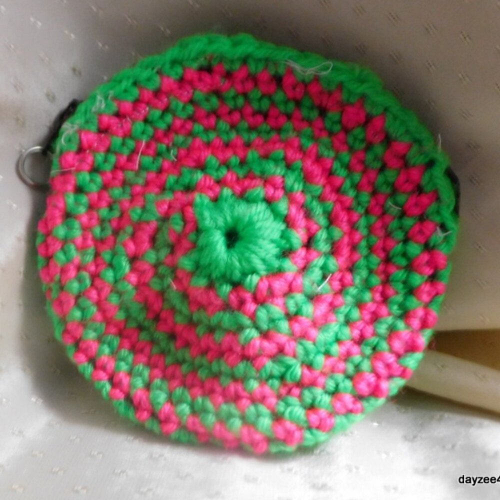 New Pink and Green crocheted change purse with zipper and keyring